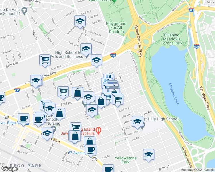 map of restaurants, bars, coffee shops, grocery stores, and more near 105-42 63rd Road in Queens
