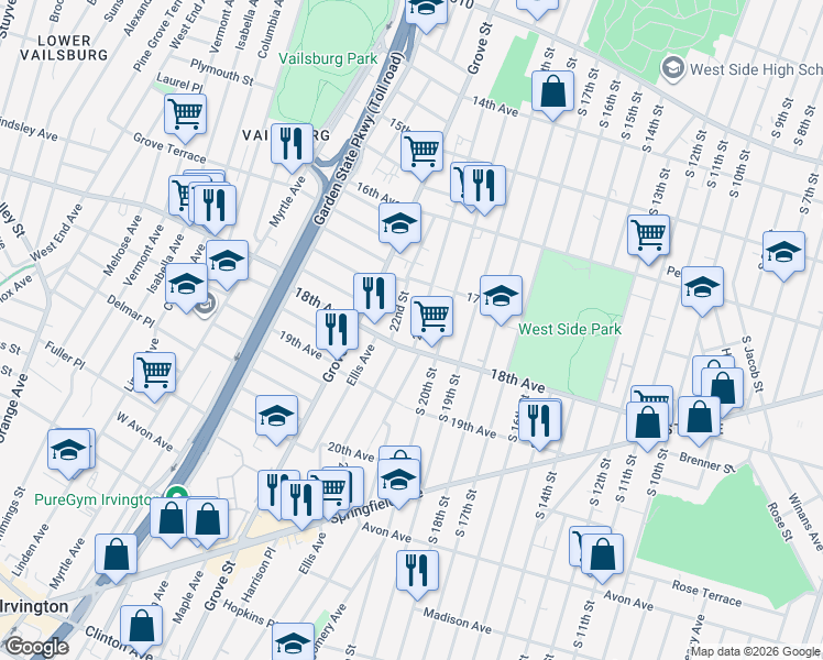 map of restaurants, bars, coffee shops, grocery stores, and more near 649 18th Avenue in Irvington