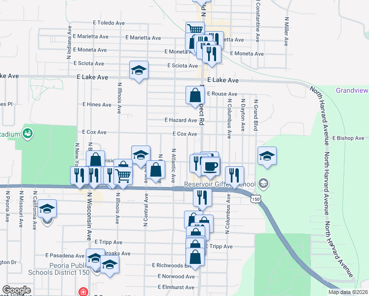 map of restaurants, bars, coffee shops, grocery stores, and more near 3819 North Vincent Avenue in Peoria Heights