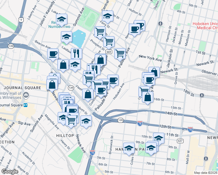 map of restaurants, bars, coffee shops, grocery stores, and more near Palisade Avenue & Beacon Avenue in Jersey City
