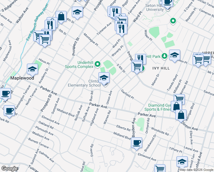 map of restaurants, bars, coffee shops, grocery stores, and more near 27 Berkshire Road in Maplewood