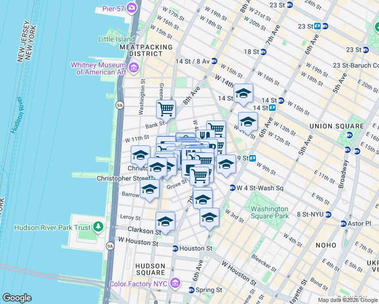 map of restaurants, bars, coffee shops, grocery stores, and more near 84 Charles Street in New York
