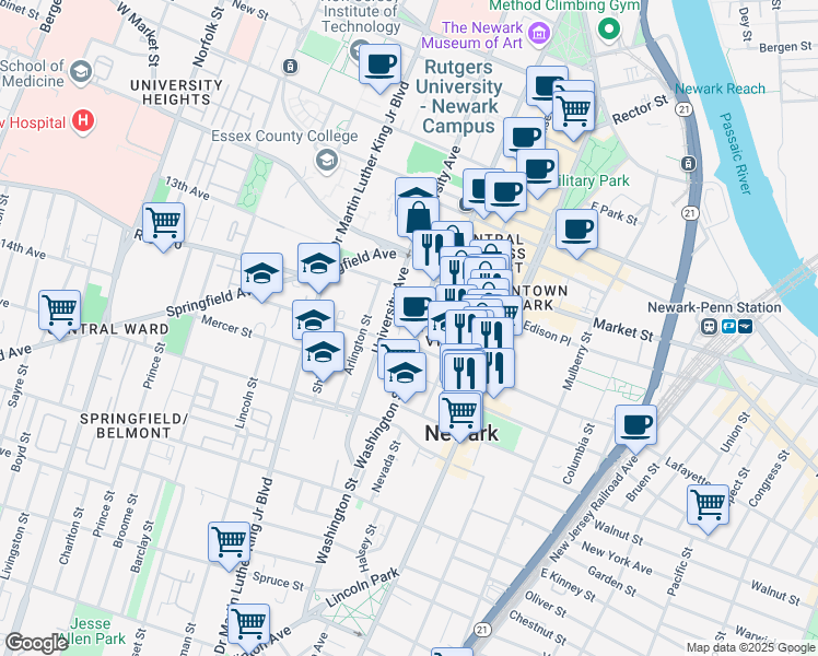 map of restaurants, bars, coffee shops, grocery stores, and more near 303 Washington Street in Newark
