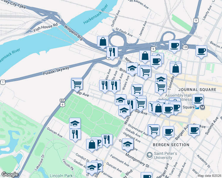 map of restaurants, bars, coffee shops, grocery stores, and more near 83 Logan Avenue in Jersey City
