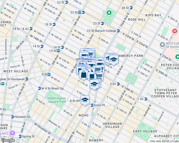 map of restaurants, bars, coffee shops, grocery stores, and more near 44 East 14th Street in New York