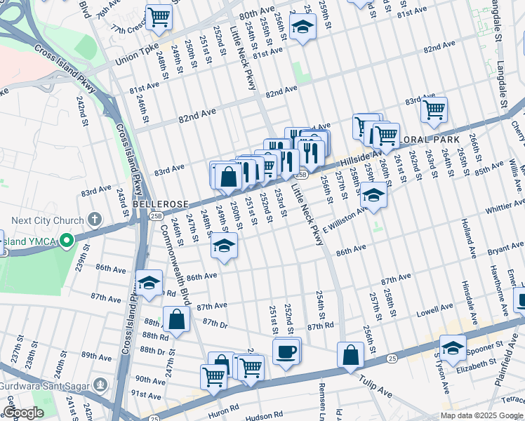 map of restaurants, bars, coffee shops, grocery stores, and more near 84-52 251st Street in Queens