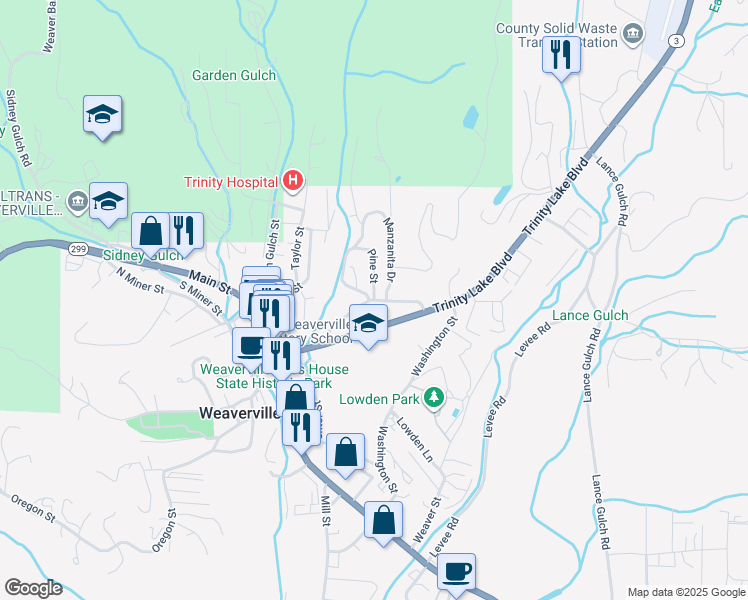 map of restaurants, bars, coffee shops, grocery stores, and more near Mulligan Street in Weaverville