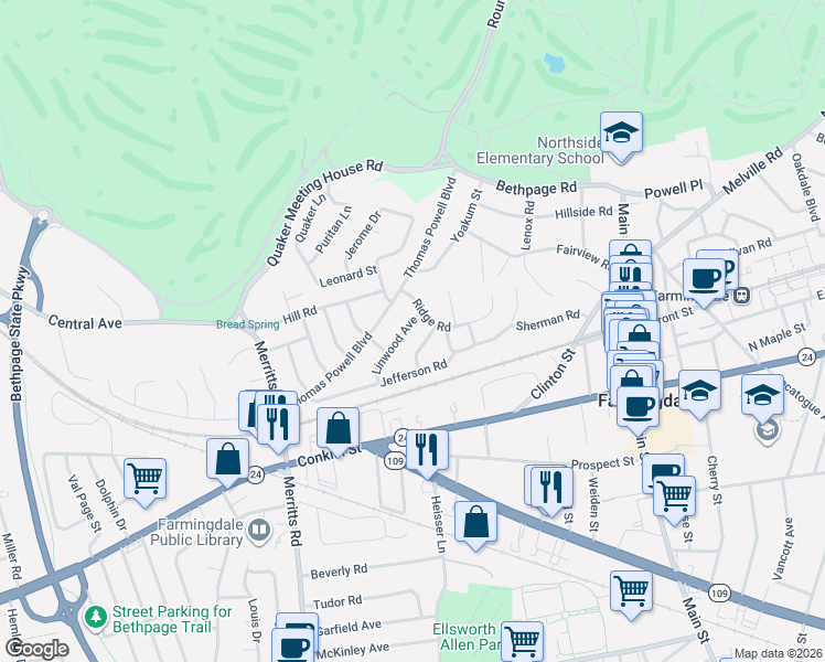map of restaurants, bars, coffee shops, grocery stores, and more near 25 Linwood Avenue in Farmingdale