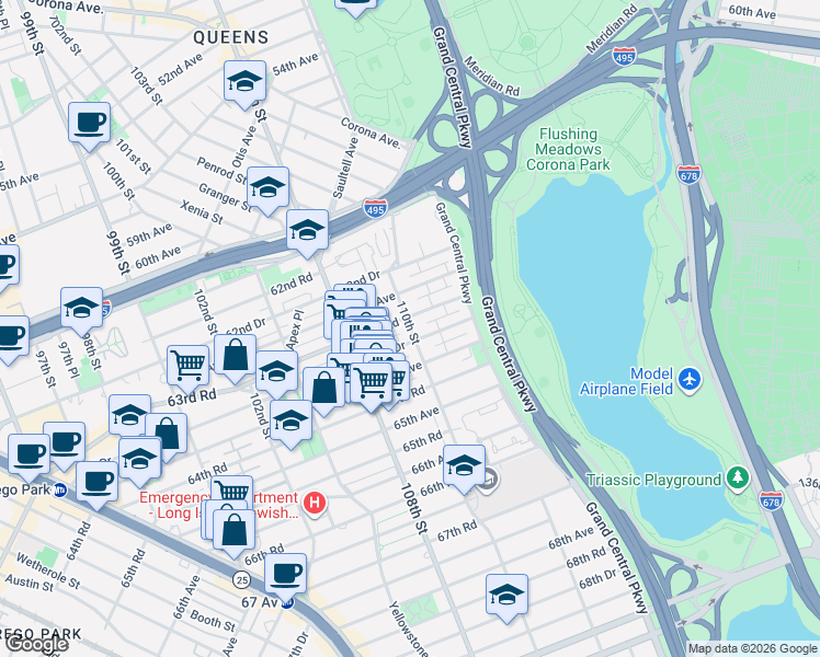 map of restaurants, bars, coffee shops, grocery stores, and more near 108-54 63rd Drive in Queens