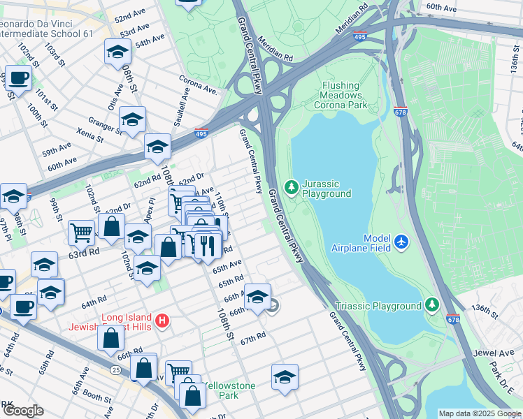 map of restaurants, bars, coffee shops, grocery stores, and more near 63-58 Grand Central Parkway in Queens