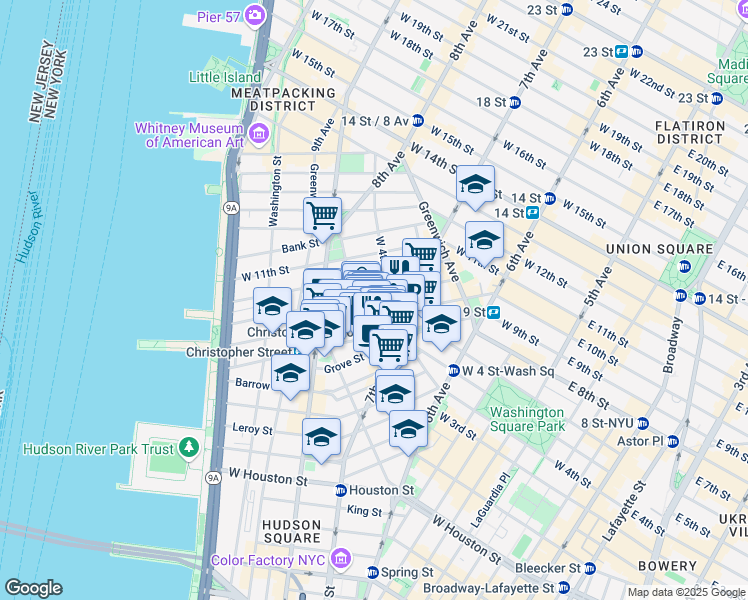 map of restaurants, bars, coffee shops, grocery stores, and more near 341 Bleecker Street in New York