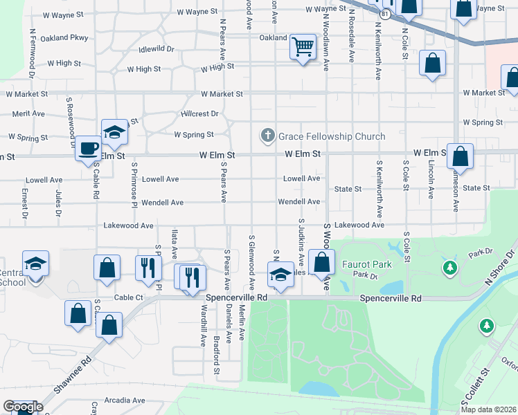 map of restaurants, bars, coffee shops, grocery stores, and more near 2020 Lakewood Avenue in Lima
