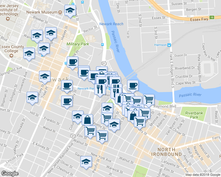 map of restaurants, bars, coffee shops, grocery stores, and more near 1 Market Street in Newark