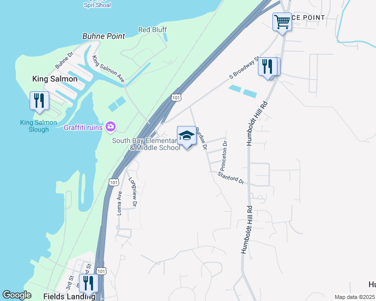 map of restaurants, bars, coffee shops, grocery stores, and more near 6077 Loma Avenue in Eureka
