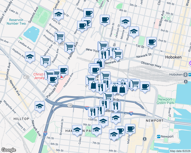 map of restaurants, bars, coffee shops, grocery stores, and more near 837 Jersey Avenue in Jersey City