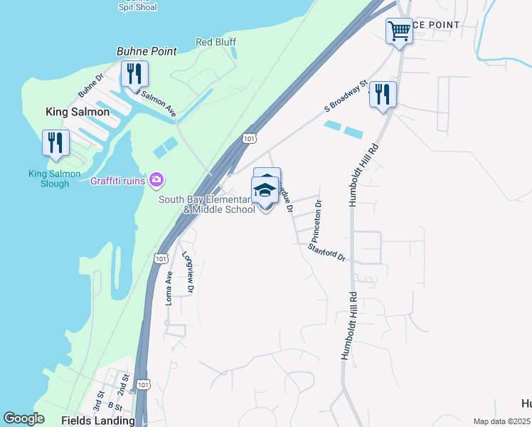 map of restaurants, bars, coffee shops, grocery stores, and more near 6077 Loma Avenue in Eureka