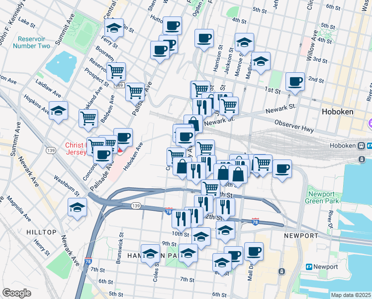 map of restaurants, bars, coffee shops, grocery stores, and more near 837 Jersey Avenue in Jersey City