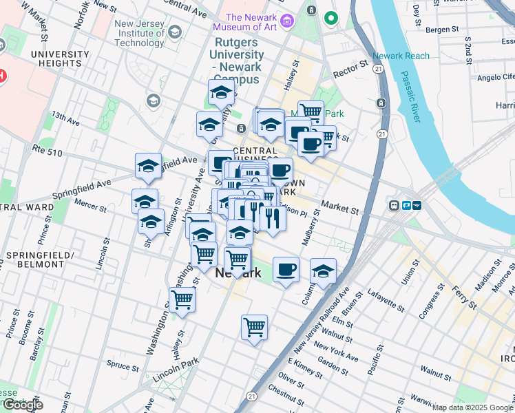 map of restaurants, bars, coffee shops, grocery stores, and more near 6 Treat Place in Newark