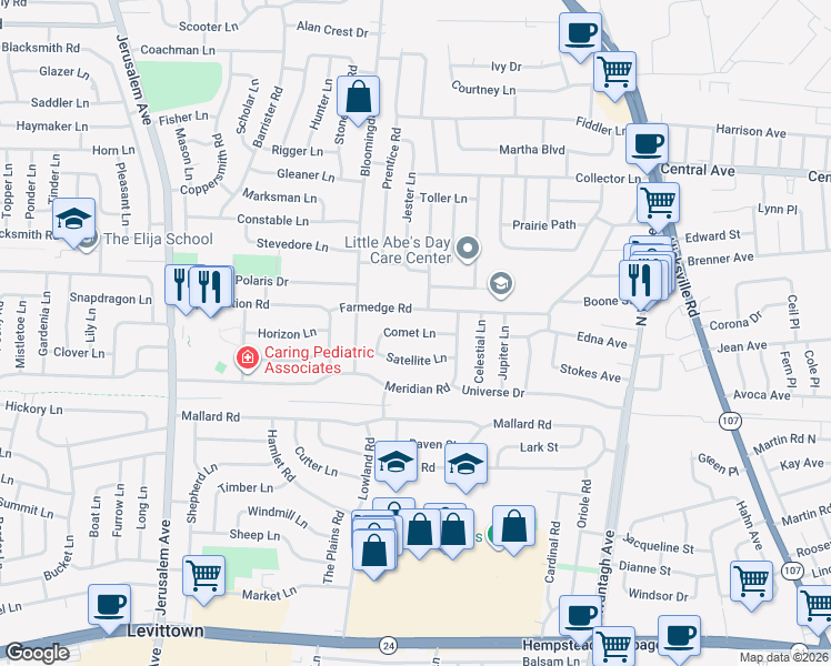 map of restaurants, bars, coffee shops, grocery stores, and more near Comet Lane in Levittown