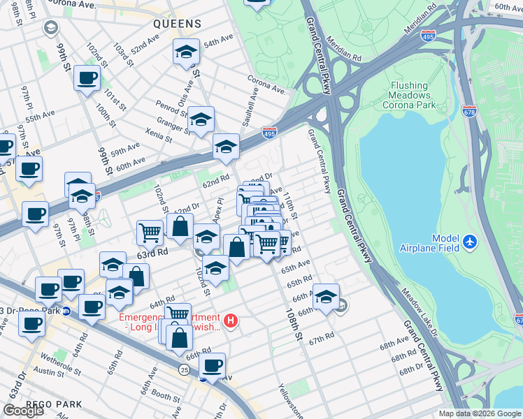 map of restaurants, bars, coffee shops, grocery stores, and more near 108-15 63rd Drive in Queens
