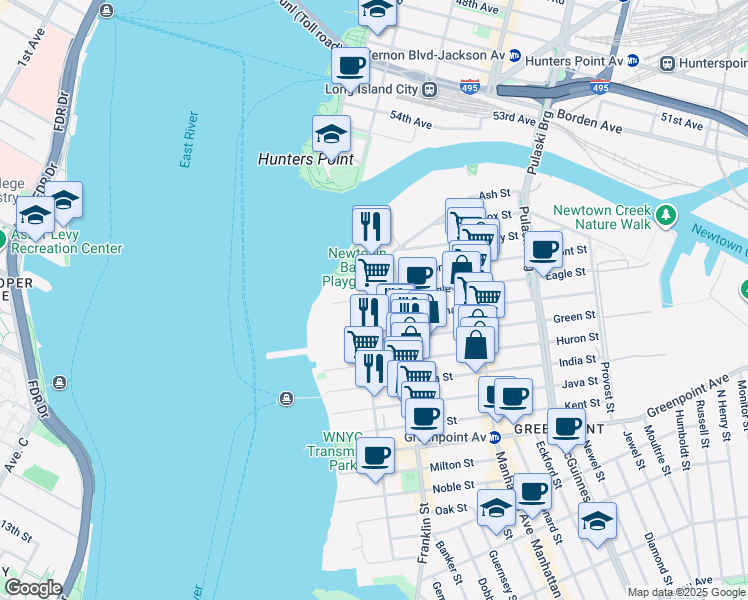map of restaurants, bars, coffee shops, grocery stores, and more near 44 Eagle Street in Brooklyn