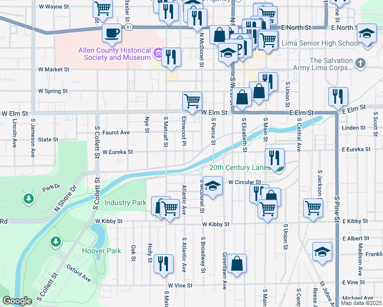 map of restaurants, bars, coffee shops, grocery stores, and more near 519 West Eureka Street in Lima