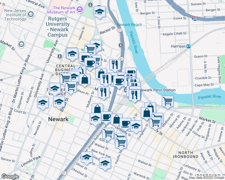 map of restaurants, bars, coffee shops, grocery stores, and more near 283 Market Street in Newark