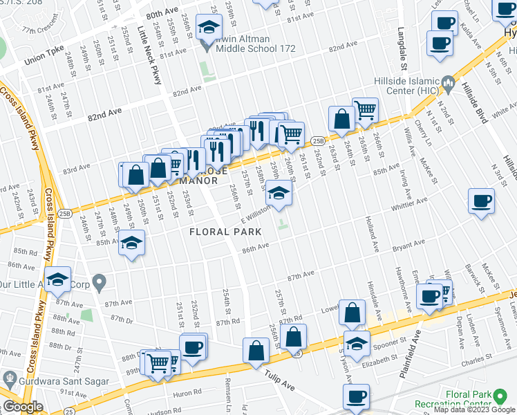 map of restaurants, bars, coffee shops, grocery stores, and more near 256-20 East Williston Avenue in Queens