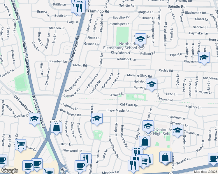 map of restaurants, bars, coffee shops, grocery stores, and more near 2 Poppy Lane in Levittown