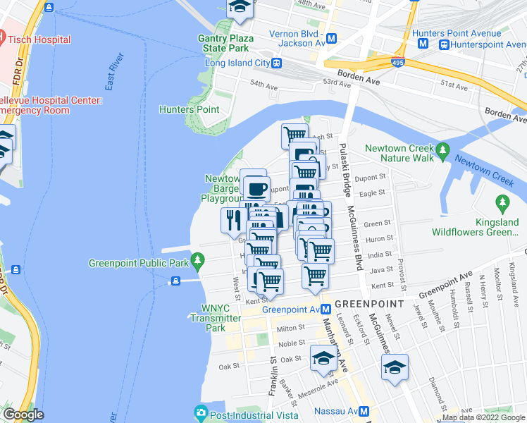 map of restaurants, bars, coffee shops, grocery stores, and more near 78 Eagle Street in Brooklyn