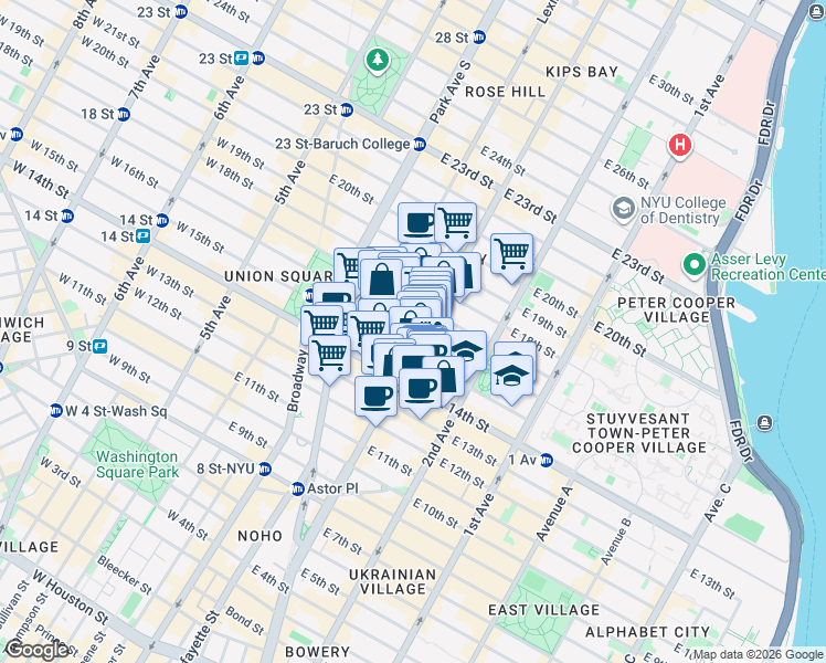 map of restaurants, bars, coffee shops, grocery stores, and more near 207 East 15th Street in New York