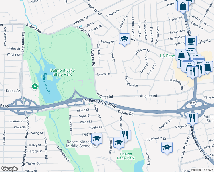 map of restaurants, bars, coffee shops, grocery stores, and more near 1593 August Road in North Babylon