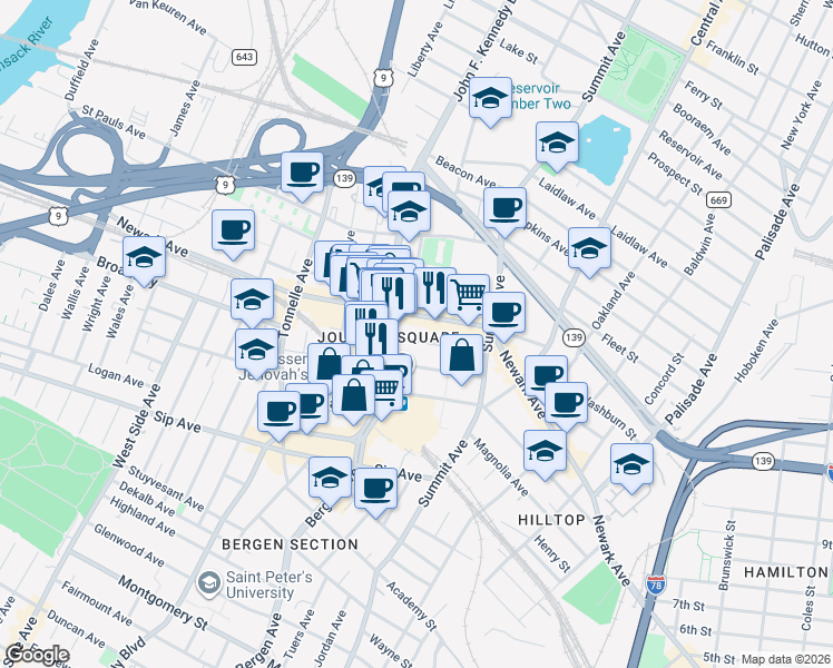 map of restaurants, bars, coffee shops, grocery stores, and more near 60 Cottage Street in Jersey City