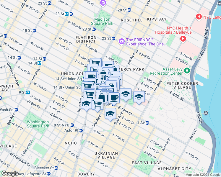 map of restaurants, bars, coffee shops, grocery stores, and more near 172 East 14th Street in New York
