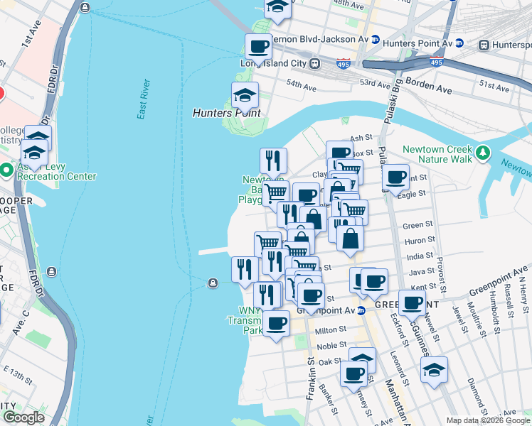 map of restaurants, bars, coffee shops, grocery stores, and more near 200 West Street in Brooklyn