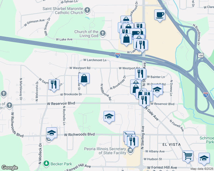 map of restaurants, bars, coffee shops, grocery stores, and more near 3910 North Brookside Drive in Peoria