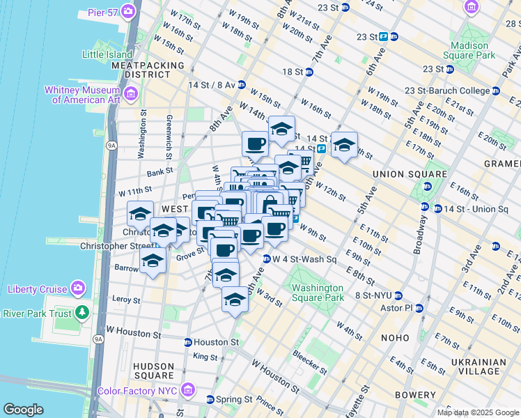 map of restaurants, bars, coffee shops, grocery stores, and more near 169 Waverly Place in New York