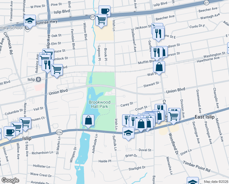 map of restaurants, bars, coffee shops, grocery stores, and more near 50 Irish Lane in East Islip