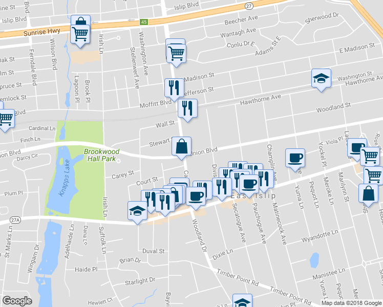 map of restaurants, bars, coffee shops, grocery stores, and more near 3137 Union Boulevard in East Islip