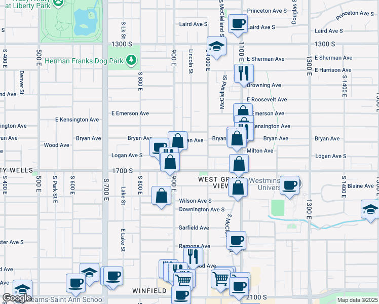 map of restaurants, bars, coffee shops, grocery stores, and more near 935 Logan Avenue South in Salt Lake City