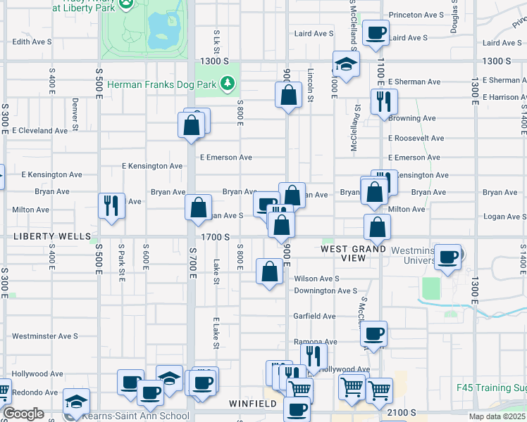 map of restaurants, bars, coffee shops, grocery stores, and more near 843 Logan Avenue South in Salt Lake City