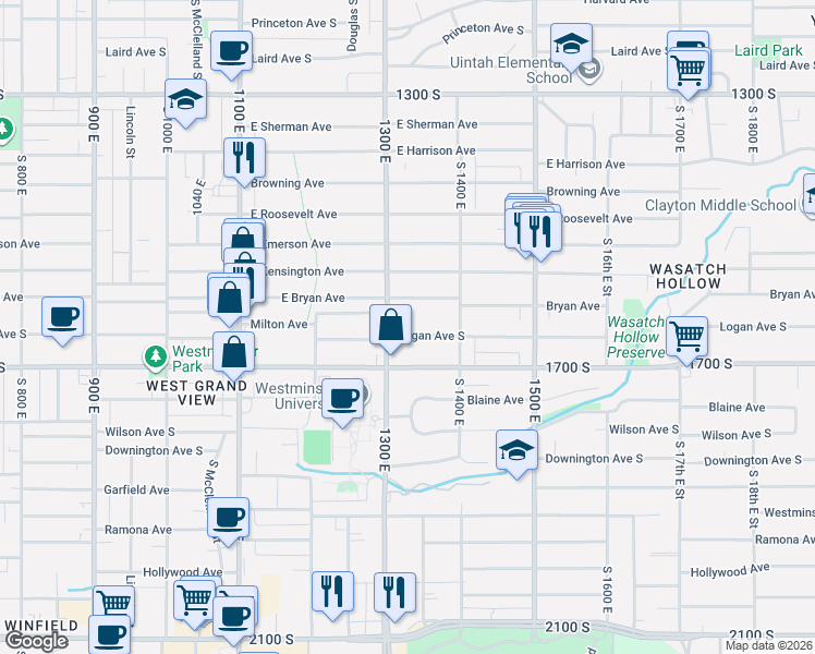 map of restaurants, bars, coffee shops, grocery stores, and more near 1633 South 1300 East in Salt Lake City