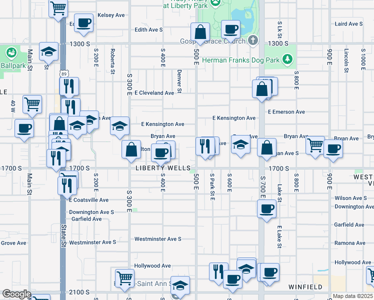 map of restaurants, bars, coffee shops, grocery stores, and more near 469 East 1700 South in Salt Lake City