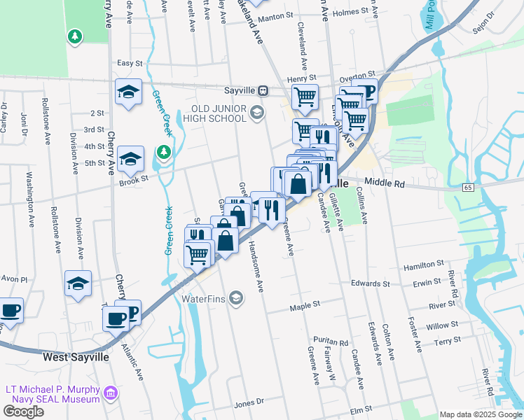 map of restaurants, bars, coffee shops, grocery stores, and more near 195 West Main Street in Sayville