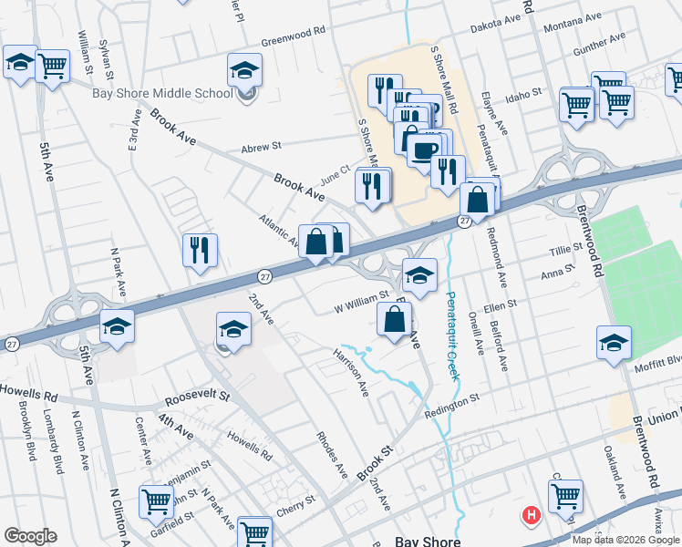 map of restaurants, bars, coffee shops, grocery stores, and more near 19 Perkal Street in Bay Shore