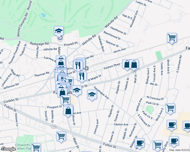 map of restaurants, bars, coffee shops, grocery stores, and more near 601 Conklin Street in Farmingdale
