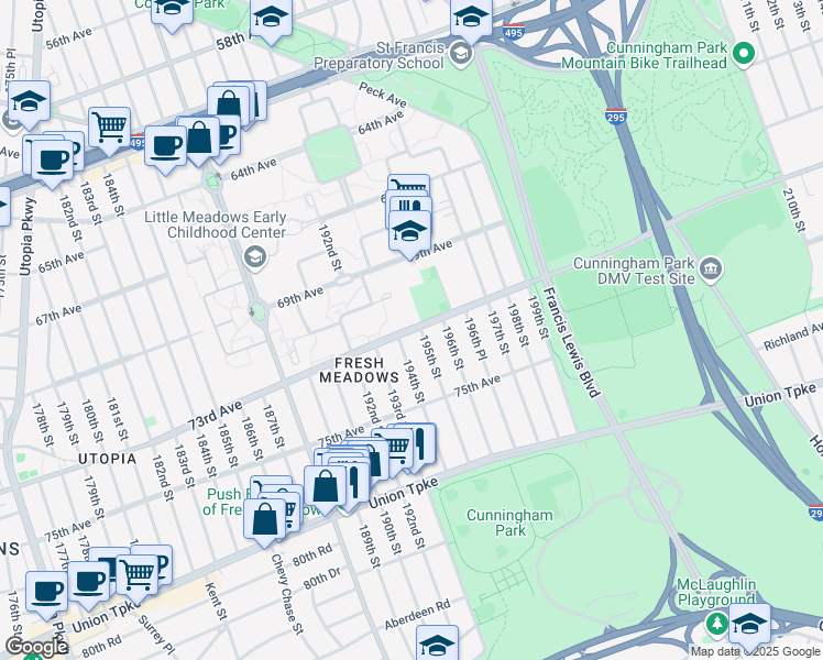 map of restaurants, bars, coffee shops, grocery stores, and more near 73-28 195th Street in Queens