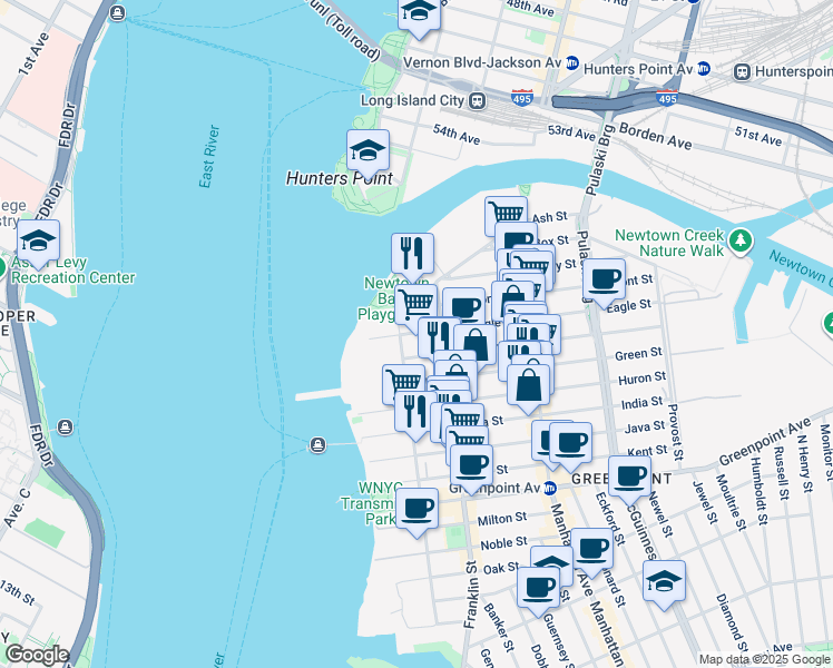 map of restaurants, bars, coffee shops, grocery stores, and more near 74 Freeman Street in Brooklyn