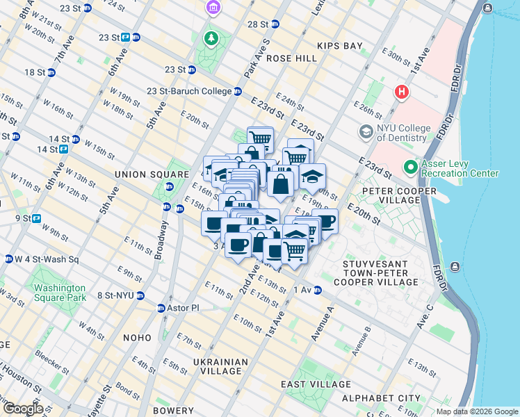 map of restaurants, bars, coffee shops, grocery stores, and more near Rutherford Place in New York