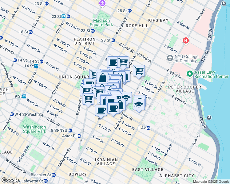 map of restaurants, bars, coffee shops, grocery stores, and more near 207 East 15th Street in New York